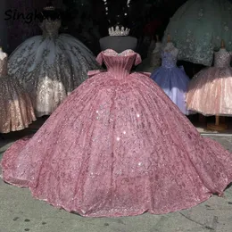 Glitter Pink Sweetheart Shiny Quinceanera Ball Gown Off The Shoulder Lace Beads Crystal Tull Mexican Sweet 16 Dresses 15