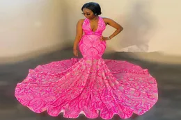 2K23 Black Girl Mermaid Prom Dresses 2023 Vneck ärmlösa paljetter glittrande afrikanska cocktail födelsedagsfestklänningar formell kväll D3119285