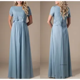 Himmelblå lång blygsam brudtärklänningar med korta ärmar Lace Top A-Line Formal Boho Rustic Religious Wedding Party Dress Z43 0510