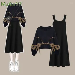 Vestidos de trabalho Autumn Winter Dress Ten Tene Korean Elegante Sweater Strap Salia Two Piece 2024 Em roupas femininas combinando feminino