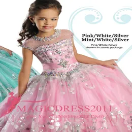 2022 Girl's Pageant Dresses Beadered Ruffles Sheer Neck Ball Gown Длина пола розовые голубые платья цветочницей платья платья 256 В