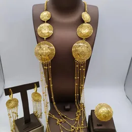 Fashion Dubai Gold Color Jewelry Set For Women African India Long Chain Tassels Halsbandörhängen Ring Evening Party Gift 240510