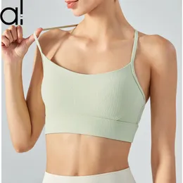 Al Yoga Ribbed Bra Sports T-Strap Tank Top Thin Shoulder Strap Tight Fit Fit Camisole Vest Fitness 댄스 티셔츠 여성의 빠른 유사 달리기 연습 땀 스웨트 탑 가슴 패드