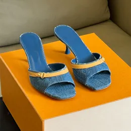 Neo Revival Mule Women Orintage Shoes Blue Denim Slide Sandals Designer Heals Hitten High Heels Slides Slippers Summer Beach Sandal Open Peep Toe Buty Brick Brick