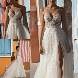 2019 Gali Karten Beach Dresses Side Split Spaghetti Illusion Sexy Boho Wedding Deths Sweep Train Pearls Backless Bohemian Bride 220H