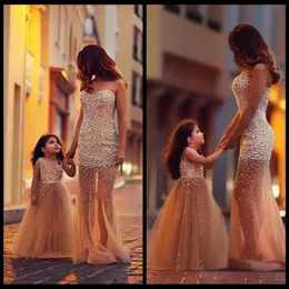 Mãe filha vestidos combinando sereia tule pérolas vestido de festa de baile elegante vestidos formais longos vestidos de noite 300s