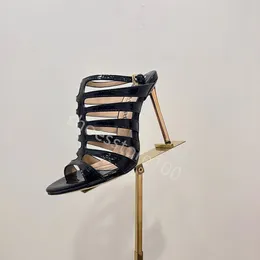 Asma kilit süslemeli stiletto sandallar105mm metalik deri ayak bileği kayış dar bant sandaletler topuklu akşamları ayakkabı kadın topuklu lüks tasarımcılar sandaletler tm