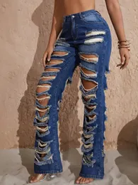 Y2K Women Street High Waist Slant Pocket Large Area Ripped Wide Straight Leg Long Jeans 240509