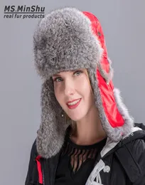 ロシアのウサギの帽子天然ウサギ毛皮のトラッパースキースキーキャップ冬の温かいイヤフラップ帽子本物のウサギファーボンバーキャップmsminshu1385499