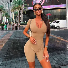 Sexy tight fitting jumpsuit hot selling in spring and summer, fashionable short sleeved V-neck patchwork bottom shirt for women F51034