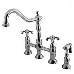 Kitchen Faucets French Country Bridge Faucet 8" Polished Chrome High Quality Brass Drip-Free Ceramic Disc Cartridge Side Sprayer 1.8 GPM