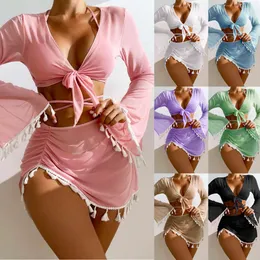 Women's Swimwear 2024 New Conservative Four Piece Set Solid Color Tassel Cover Up Mesh Short Skirt Bikini Swimwear for Women