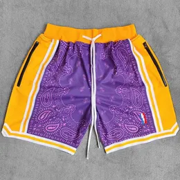 Herrshorts MM Masmg Los Angeles Style Purple Paisley Tryckt basket Shorts med dragkedja Bryant LeBron Street Clothing Train Pants J240510