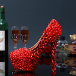 Weiße und rote Blumen High Heels Braut Hochzeitskleidschuhe Kristall Damen Party Proms Frau schöne runde Zehenkleidschuhe 244i