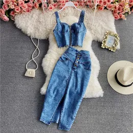 Amolapha Women Summer Denim Clothes Sets Strapless Strap Cowboy Camisole TopsHigh Waist Split Jeans Mid-Length Skirts Suits 240510