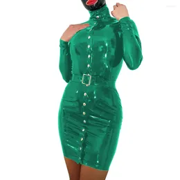 Casual Dresses Sexy Women Wetlook PVC Leather Turtleneck Bodycon Mini Dress Female Fetish Single-breasted Ladies Belted Party Club Wear