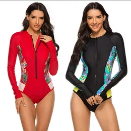 Women's Swimwear New surfing suit swimsuit long sleeved one piece zippered swimsuit womens snorkeling suit printed slimming diving suit