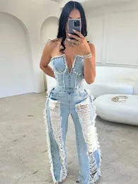 Sibybo Tassel Hollow Out Overalls For Women Studded Diamond Strapless Backless Jeans Street Fashion Trend Jumpsuite Femme 240510