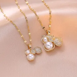 Pendant Necklaces 2024 Pearl Micro Paved CZ Gourd Stainless Steel Necklace For Women Korean Fashion Sexy Female Neck Chain Jewelry Wholesale