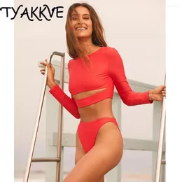 Frauen Badebekleidung Tyakkv sexy 2024 Solid Bikini Frauen Badeanzug Sport Rashguard Langarm Crop Top High Taille Tankini 2 Stück Set