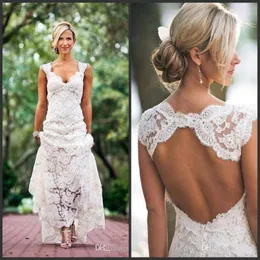 2018 New Chic Rustic Full Lace Wedding Dresses Cheap v Neck Open Back Sweep Sweep Sweep Sweep Sweep Boho Garden Bridal Gown Custom Made Country Style 469 310S