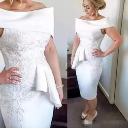 Gelin elbiselerin zarif beyaz annesi kılıf kılıfı omuz saten çay uzunluğu dantel aplike artı beden düğün konuk parti elbisesi 310z