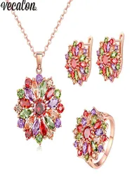 Vecalon New Flower Style Mutil Colors 5A zirconCZ Rose Gold Fillace Necklace Earringe Ring Jewelryセット