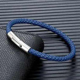 Charm Bracelets Mkendn Classic Simple Blue Braided Leather Bracelet Bangle Stainless Steel Magnetic Buckle Jewelfy 남성 여성 커플 Y240510