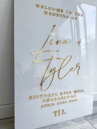 Biały akrylowy znak ślubny z 3D Mirror Gold Names Welcome Znak zaręczynowy