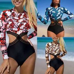 Damenbadebekleidung 2024 Neue sexy Bikini Womens One -Stück Badeanzug Digital bedrucktes langärmelige Sonnenschutzhosen hoher Taillenhosen