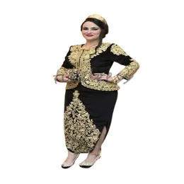 Black Karakou Algeria Evening Dresses 2024 O Neck Long Sleeve Arabic Dubai Prom Dress Kaftan Morrocan Split Gold Appliques Formal Birthday Party Vestios De Noche