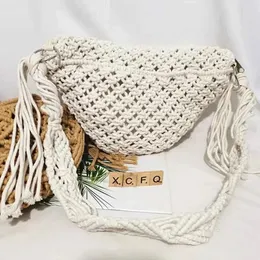 Summer Bohemian handmade woven beach bag with tassel cotton crochet hollow travel handbag ethnic style handbag underarm bag 240425