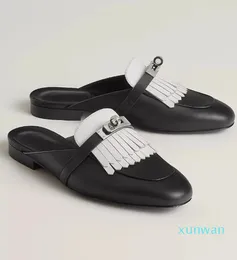 Sommer Luxus Frauen Oz Maultier Flats Palladium-plattierte Kelly-Schnalle Sandalen Schuhe Kalbsleder Lederrutschschuhe rutschen auf lässiges Walk