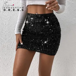 Estoque dos EUA Babyonline Sparkling em lantejoulas embelezadas Mini-saia reta de lantejoulas de cintura elástica com fechamento de deslizamento CPS3042 0510