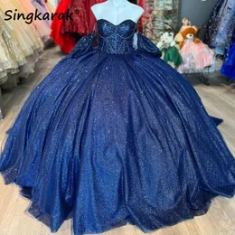 Granatowy błyszczące sukienki Quinceanera suknia balowa słodka 16 sukienki koraliki kryształowe celebrytka 16. urodziny sukienki ukończenia studiów