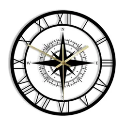 Wall Clocks Compass Direction Map Exclusive Silent Clock Navigation Black Wind Rose Home Decoration Traveler Interior Design Vintage Watch Q240509