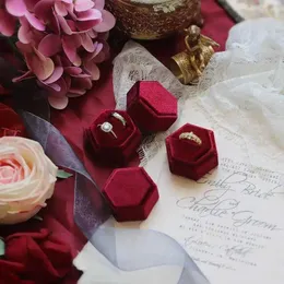 Smycken lådor vintage hexagon sammet smycken dubbel ring lådan tom fallhållare för förlovning bröllop ceremoni alla hjärtans dag presentorganisator