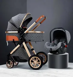 Strollery# 3 w 1 Baby wózek Luxury High Landscape Baby Pram Portable Baby Pushair Kinderwagen Baby Bassinet Składany samochód dziecięcy Nowy T240509