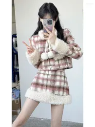 Work Dresses Sweet Plaid Woolen Jacket Skirt Two Piece Set Korean Patchwork Lace Up Soft Glutinous Fashion Plush Ball Slim Winter Warm Suit