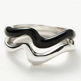 Cluster Rings Silver 925 Squiggle Curve Two Tone Enamel Stacking Ring Black Female Plata Designer For Women Silberring