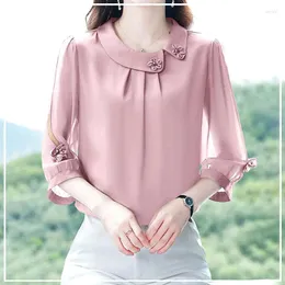 Women's Blouses 2024 Summer Elegant And Sophisticated Round Neck Pleated Three-dimensional Flower Commuting Minimalist Oversize Shirt