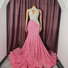 Różowe sukienki balowe na specjalne okazje Promowanie iluzja kantar Zastosowana z koralikami cekinowa koronkowa impreza urodzinowa sukienka Druga suknie przyjęcia dla czarnych kobiet AM877