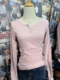 Botão vintage com nervuras de manga longa Mulheres outono casual rosa algodão rosa y2k tops vintage sweet slim camiseta para mulheres 240509