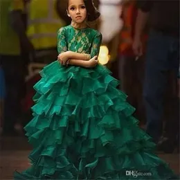 2019 Emerald Green Junior Girl's Pageant for Teens Princess Flower Girl Dresses Birthday Abito da ballo Organza Long Maniche 0510