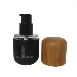 Garrafas de armazenamento 30ml Press Emulsion Spray Garrafa Cosmética Embalagem Cabeça de Loção Preta Recarregada com Tampa de Bambu