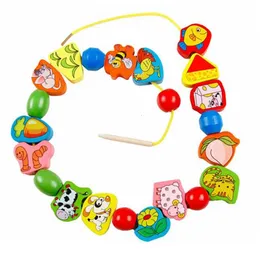 26pcs Holztiere Früchte Perlen Kinder Cartoon Spielzeug Faden Seil Montessori frühe Bildung Spielzeug Geschenke für Kinder TMZ 240509