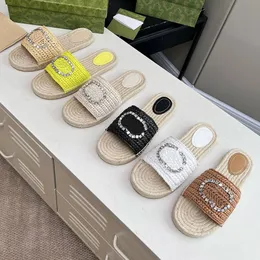 Women blokadowy espadrille projektant sandałów slajdów wisiejanie efekt Raffia sandały blokady z kryształami zjeżdżalni świąteczne plażę luksusowe slajdy raffia 35 42