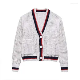 Frauen Strick Frühling Strickweife 2024 einzelner Brenne, gekräuselte Casual Wear Jacke Fashion V-Ausschnitt Kurzer Jumper