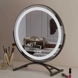 Kompaktowe lusterka próżność lustrzana makijaż luksusowy okrągły pulpit/komputer stacjonarny z lampkami LED 3 kolory ściemniaczowego trybu oświetlenia Prezent urodzinowy Q240509