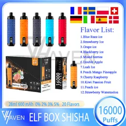 Original Elf Box Shisha 16000 puffstänger engångscigaretter 28 ml Pre Filled Pods Cartridge 600mAh Uppladdningsbara batteripuffar 16K Vape Pen